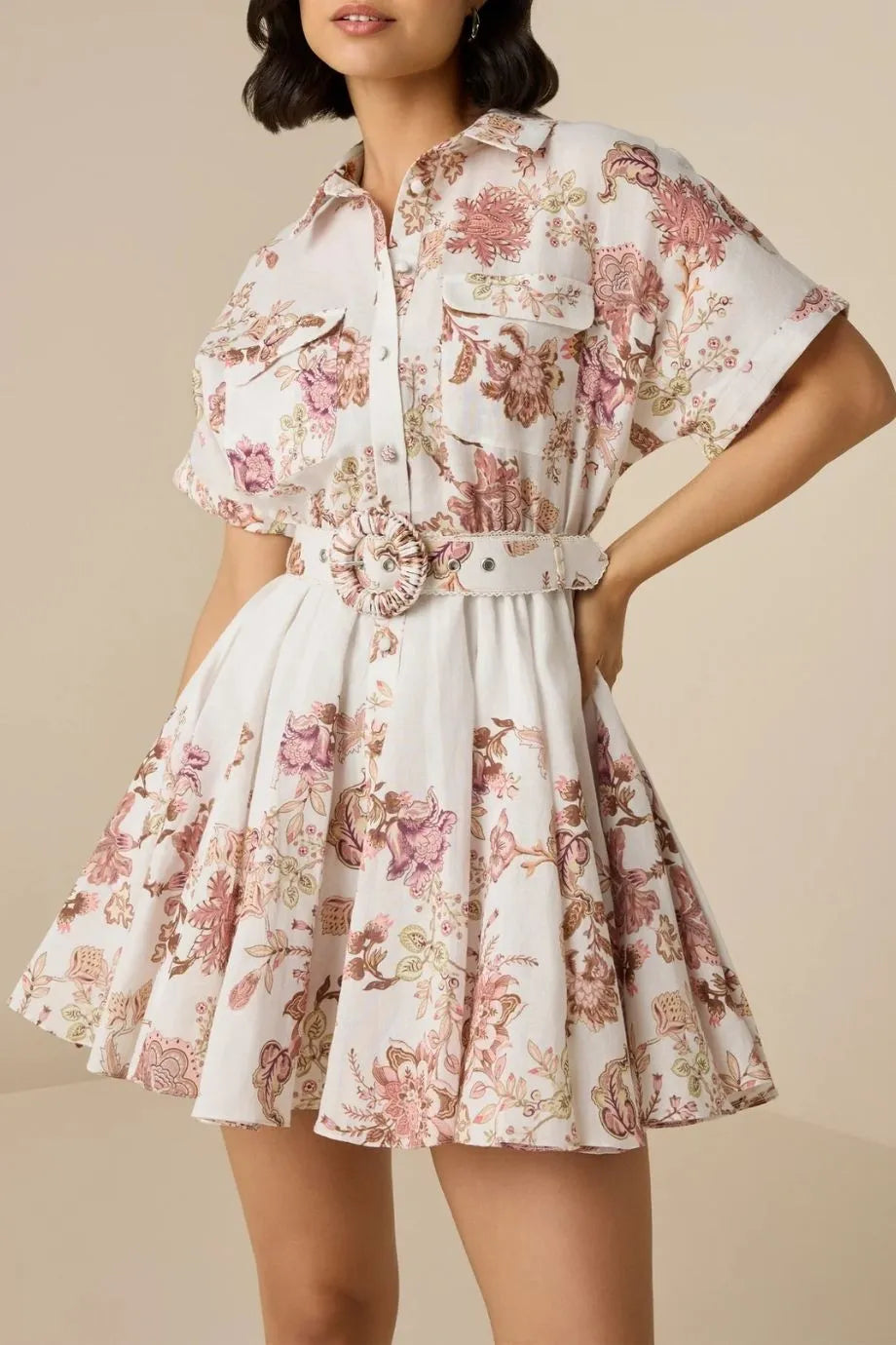 Diza Floral Short Sleeves Belted Linen Mini Dress in White