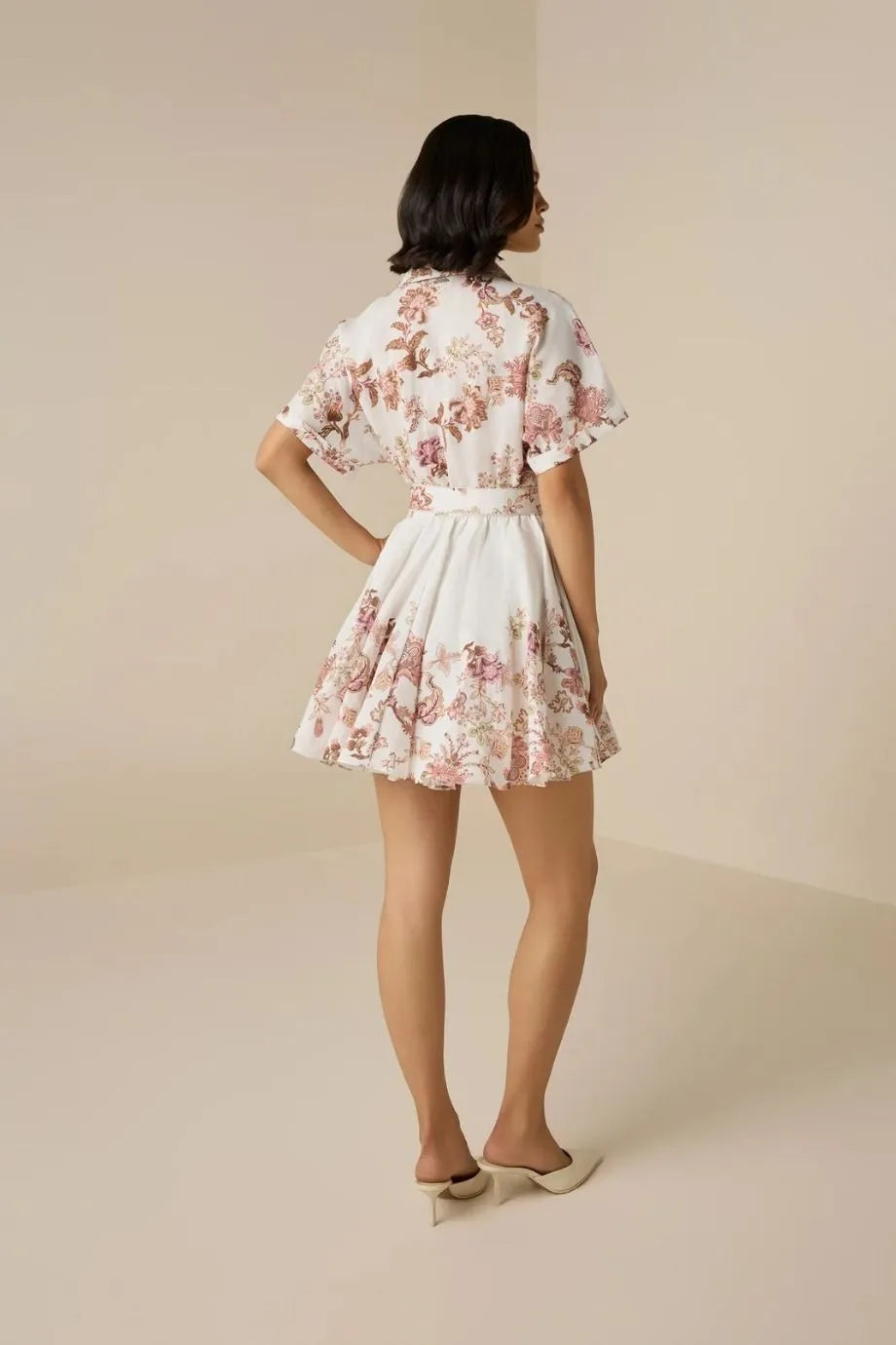 Diza Floral Short Sleeves Belted Linen Mini Dress in White