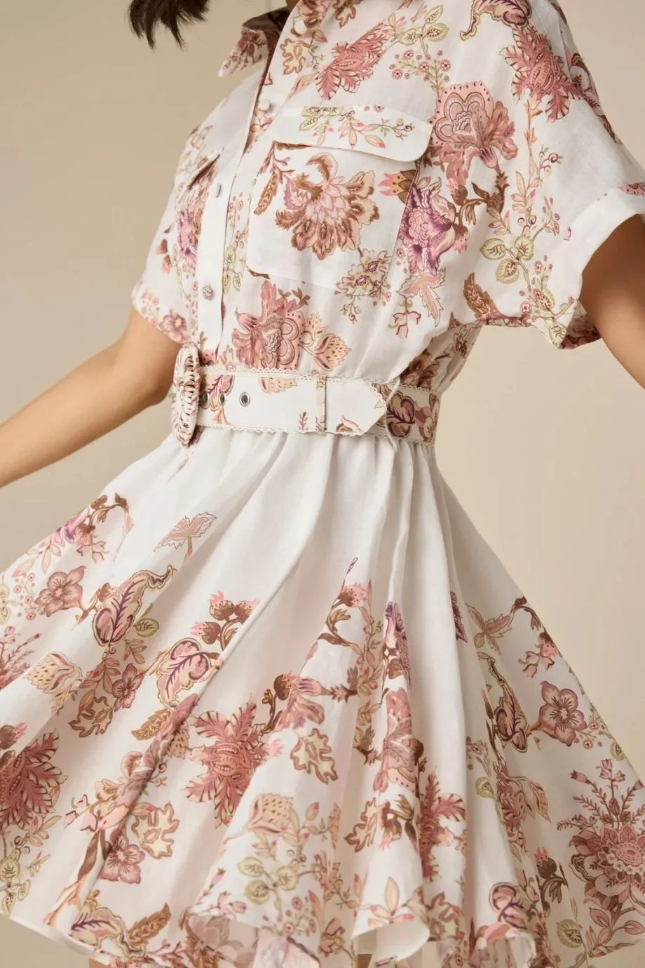 Diza Floral Short Sleeves Belted Linen Mini Dress in White