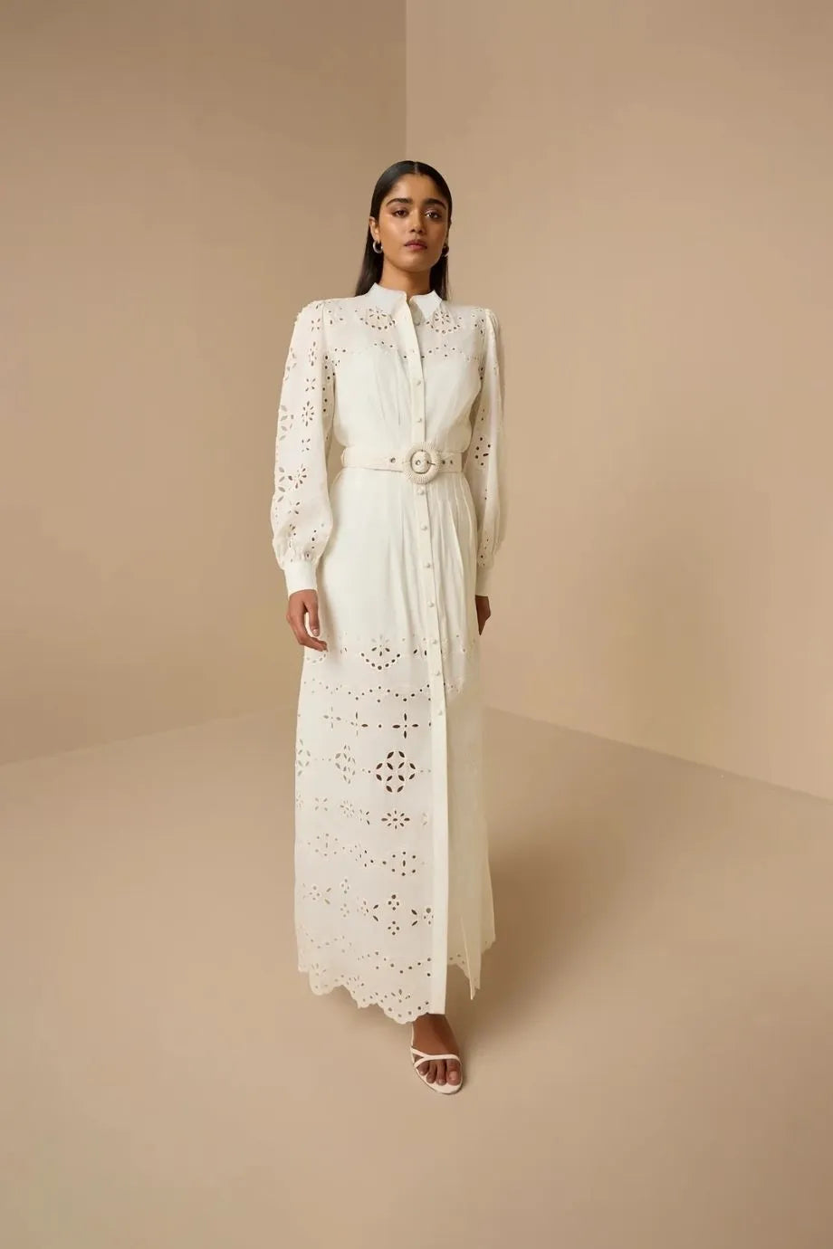 Adya Long Sleeves Belted Cotton Shirt Maxi Dress in White