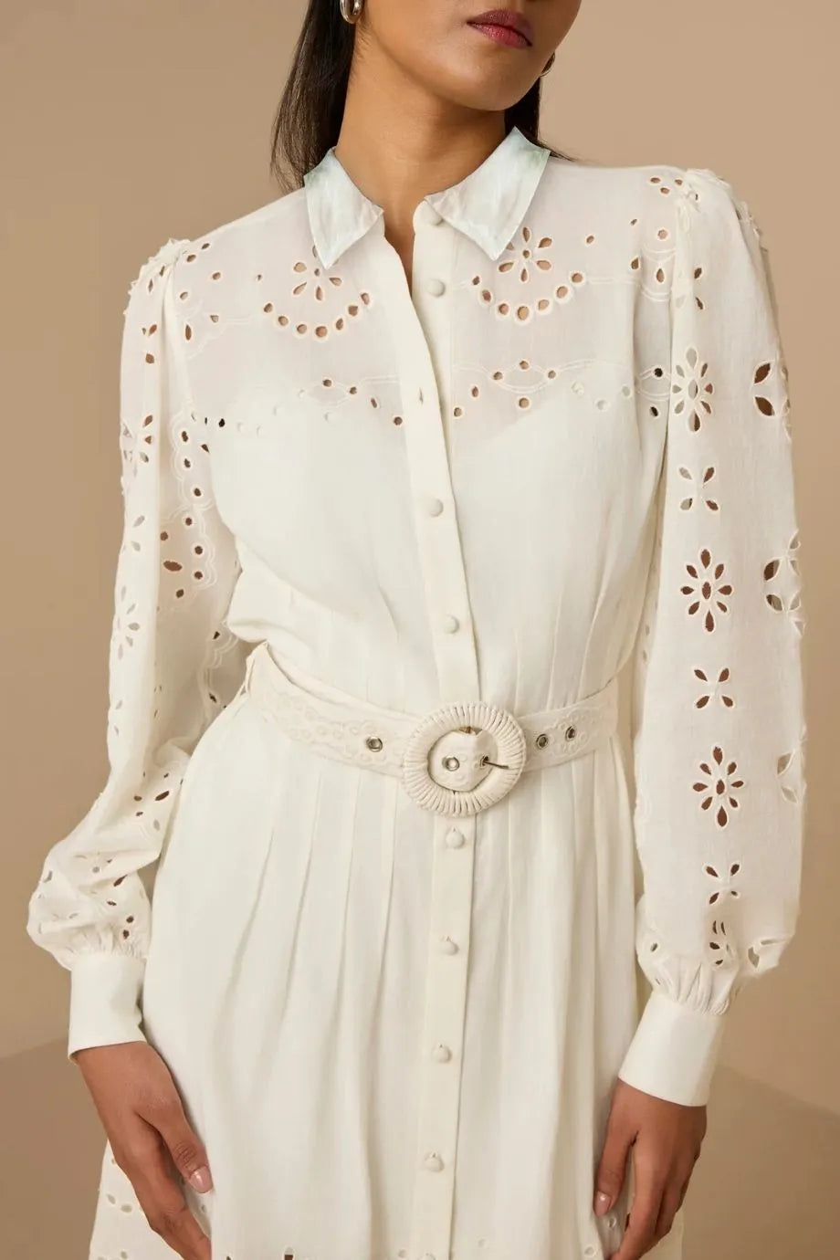 Adya Long Sleeves Belted Cotton Shirt Maxi Dress in White