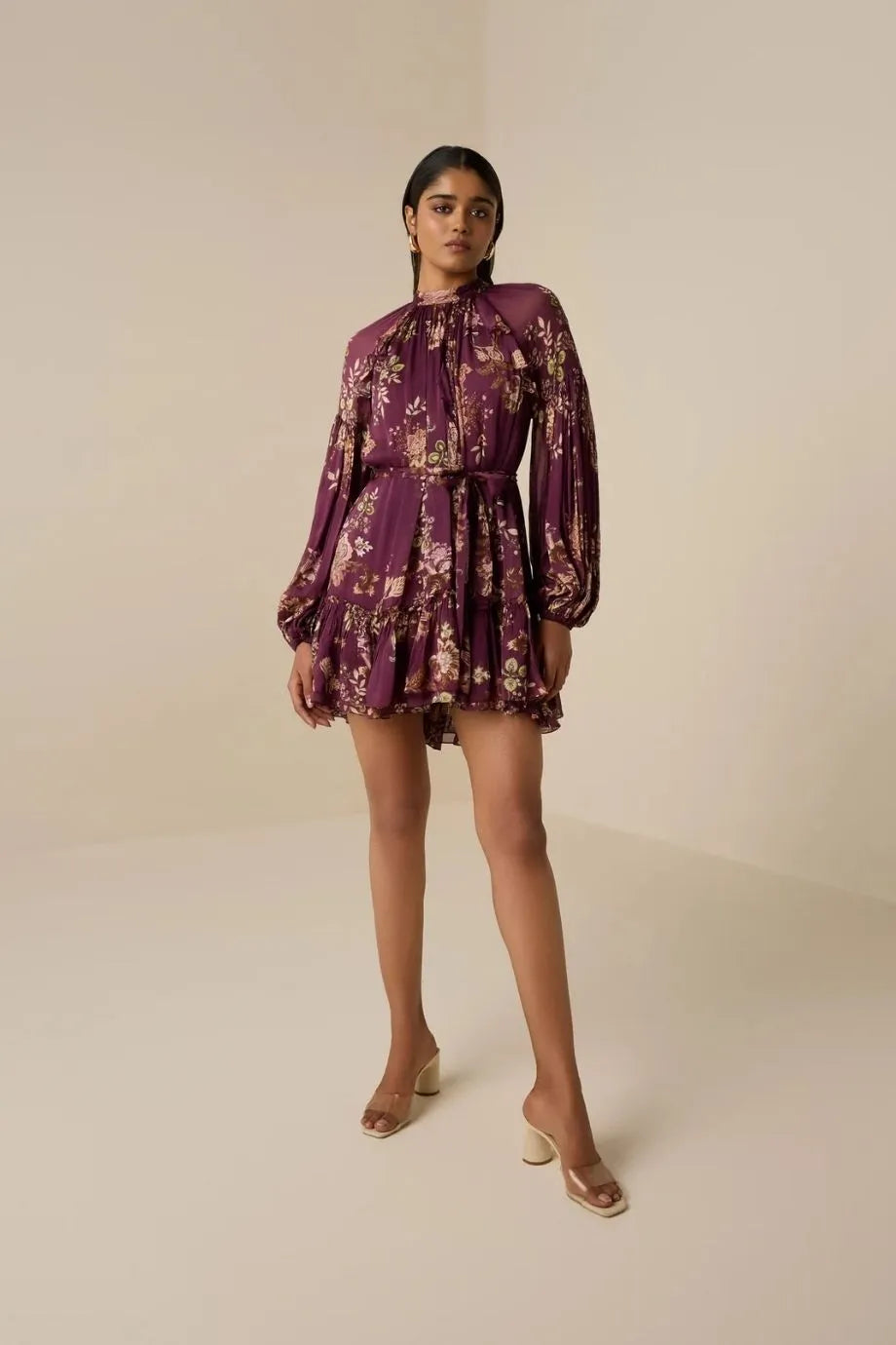 Savi Floral Long Sleeves Belted Mini Dress in Burgundy