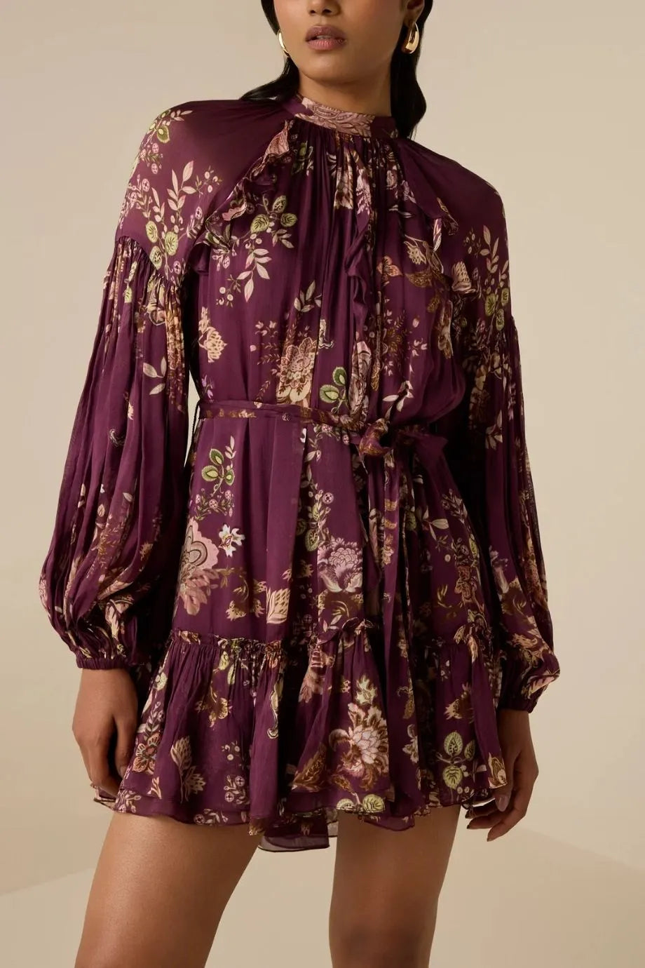 Savi Floral Long Sleeves Belted Mini Dress in Burgundy