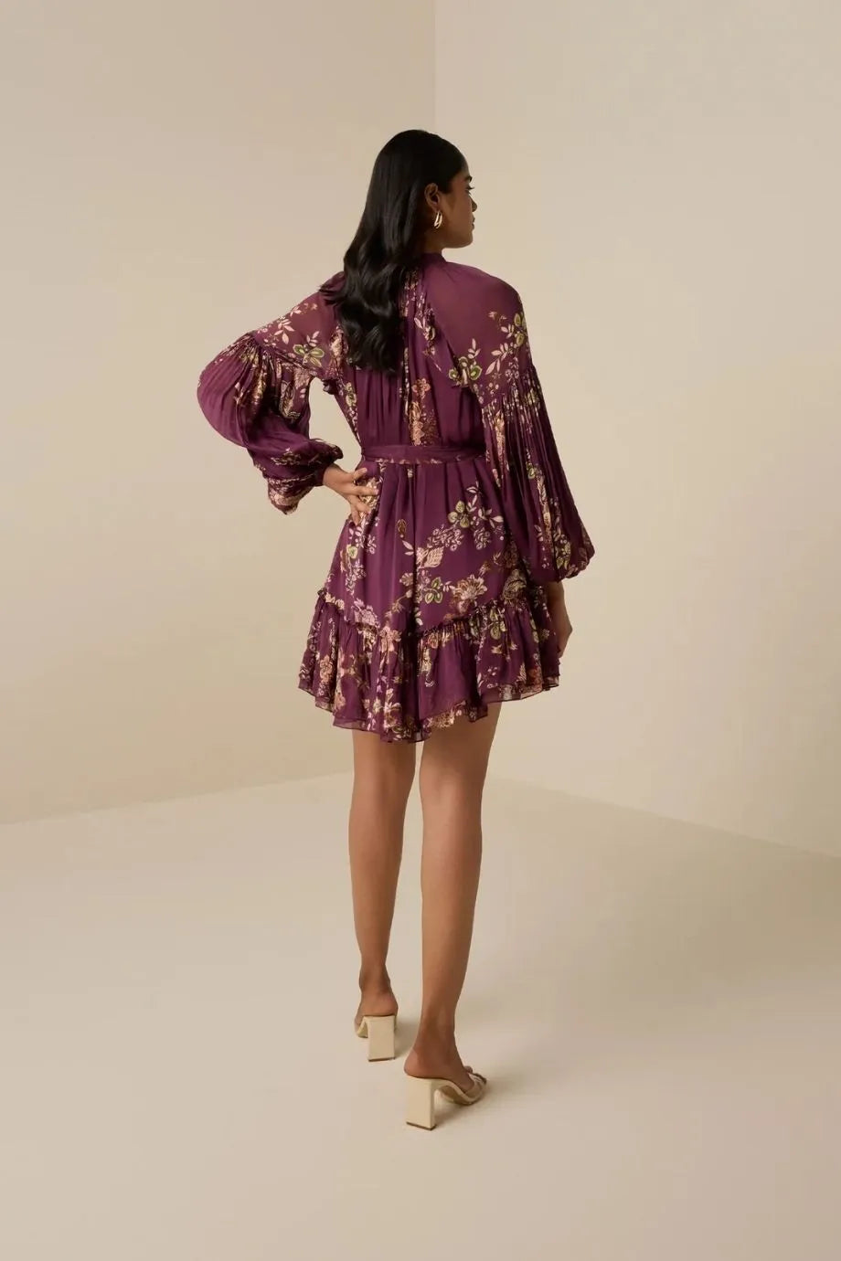 Savi Floral Long Sleeves Belted Mini Dress in Burgundy