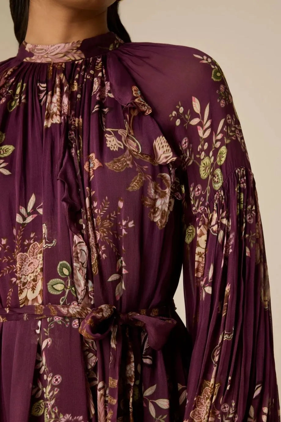 Savi Floral Long Sleeves Belted Mini Dress in Burgundy