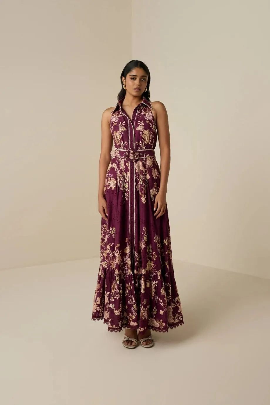 Savi Floral Sleeveless Belted Cotton Maxi Dress in White