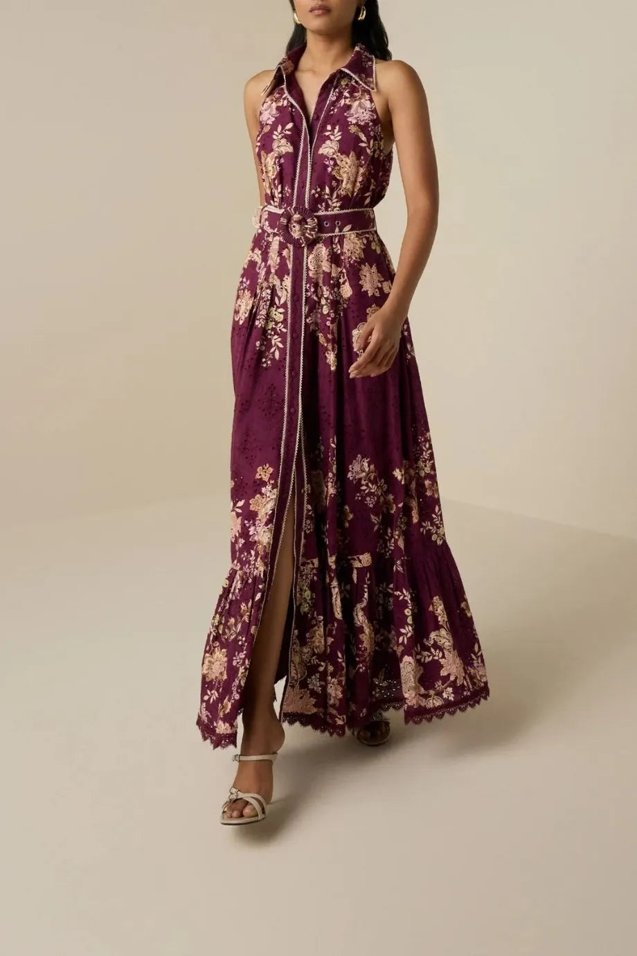 Savi Floral Sleeveless Belted Cotton Maxi Dress in White