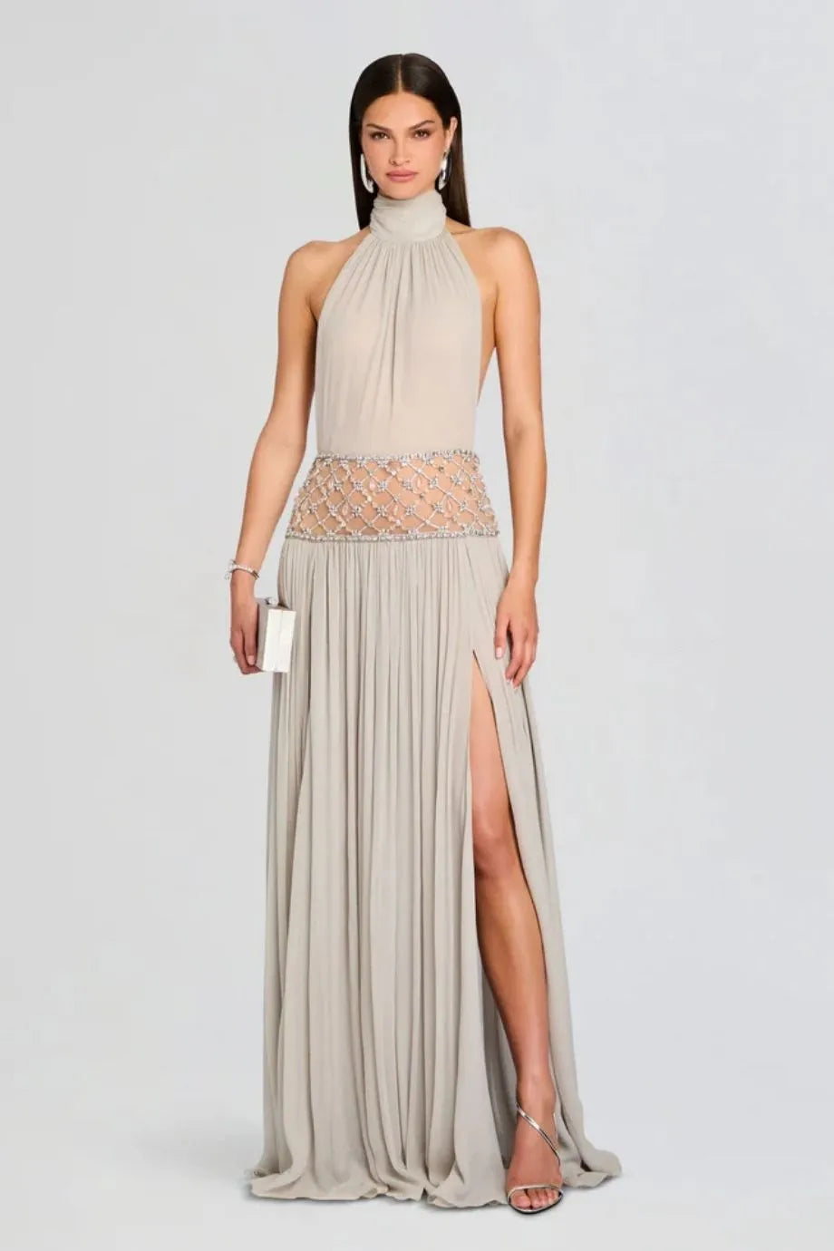 Kreeli Embellished Evening Dress in Silver