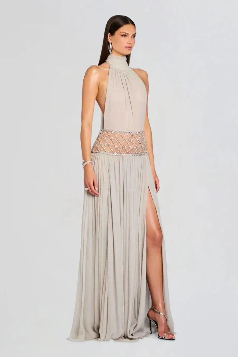 Kreeli Embellished Evening Dress in Silver