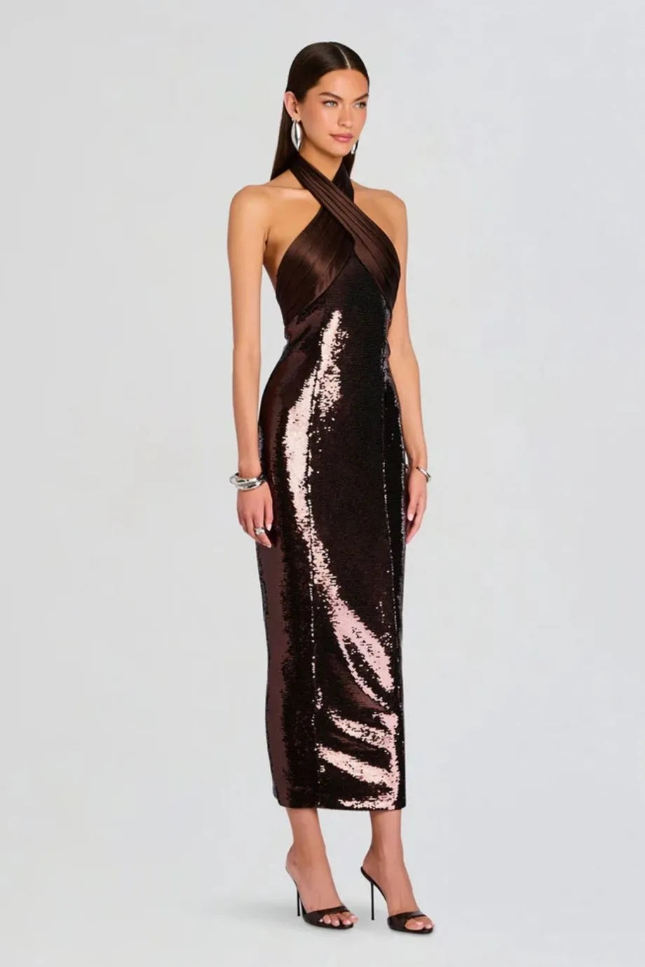 Tamra Halter Neck Sequin Evening Dress in Brown