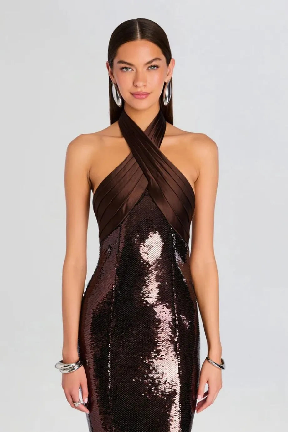 Tamra Halter Neck Sequin Evening Dress in Brown