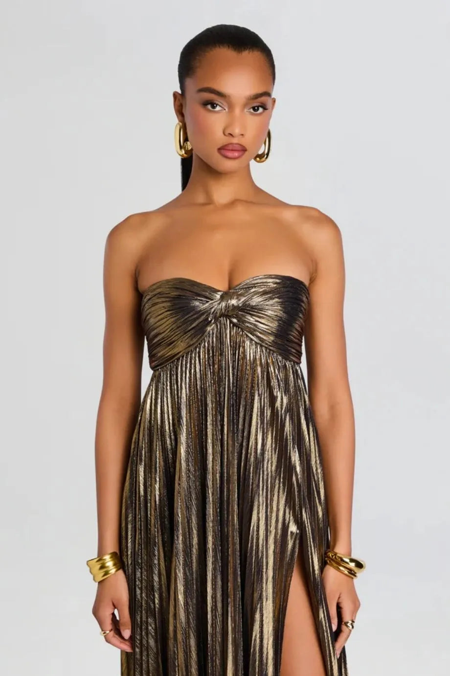 Zoa Evening Dress With Thigh Slit in Gold