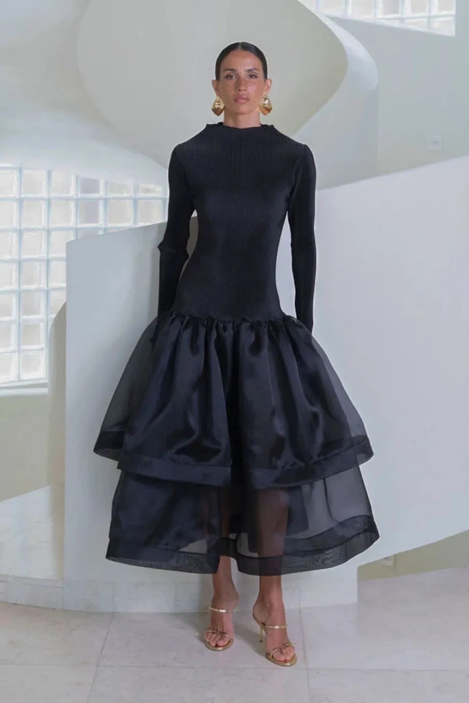 Alexander Pleated Evening Dress in Black