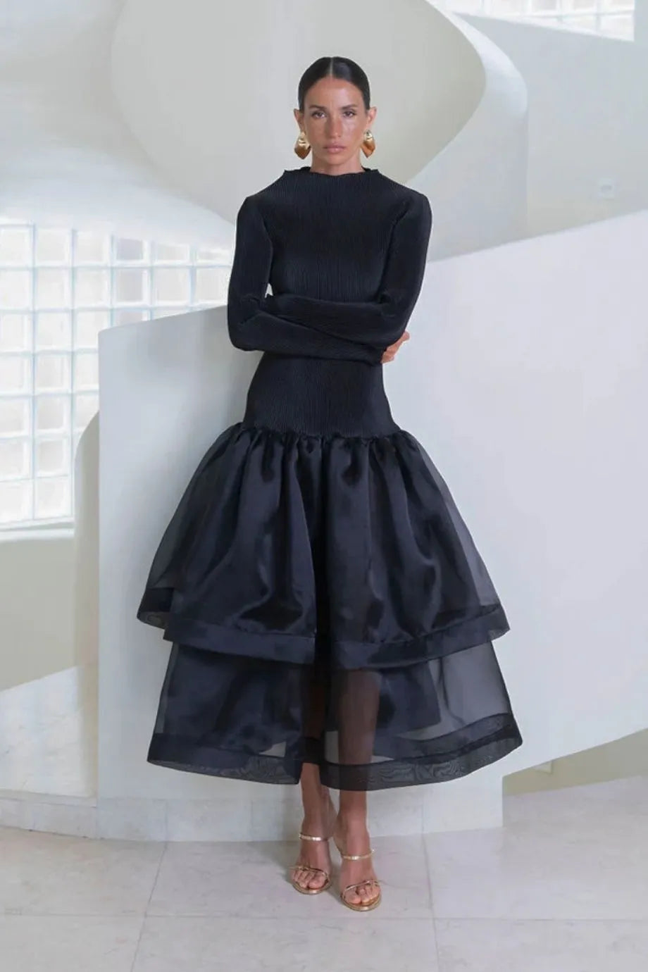 Alexander Pleated Evening Dress in Black