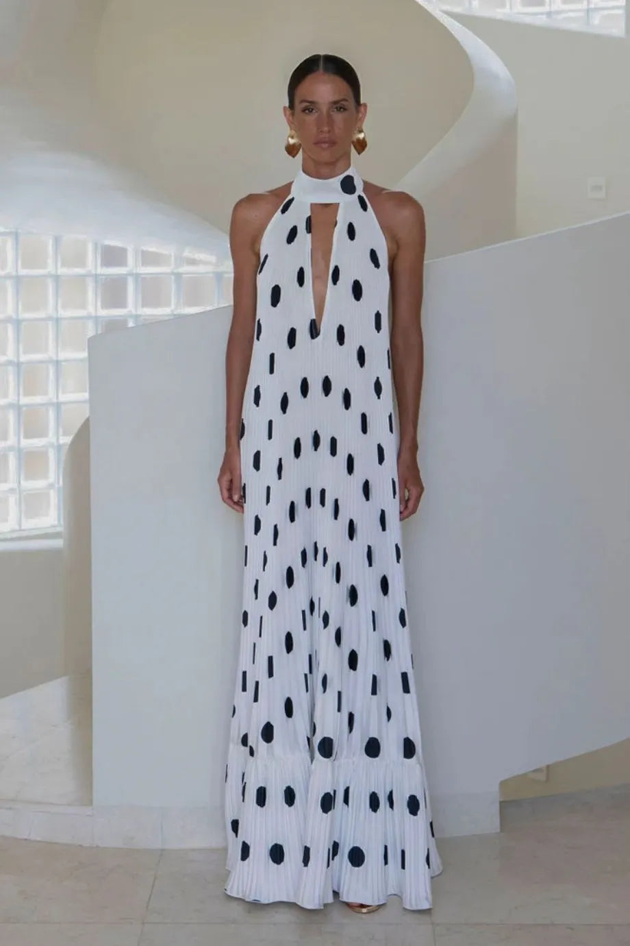 Libertie Polka Dot Sleeveless Pleated Evening Dress in White