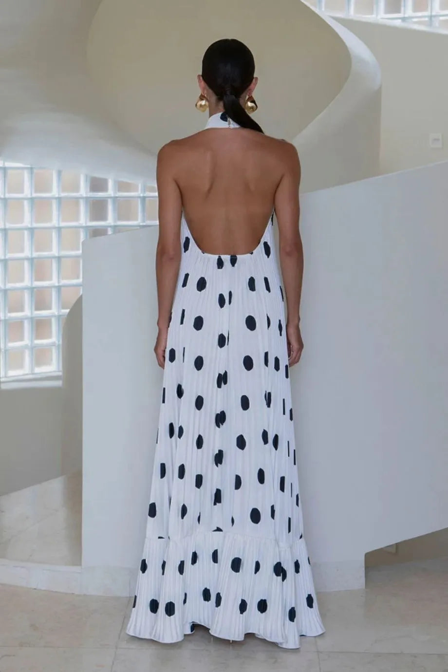 Libertie Polka Dot Sleeveless Pleated Evening Dress in White