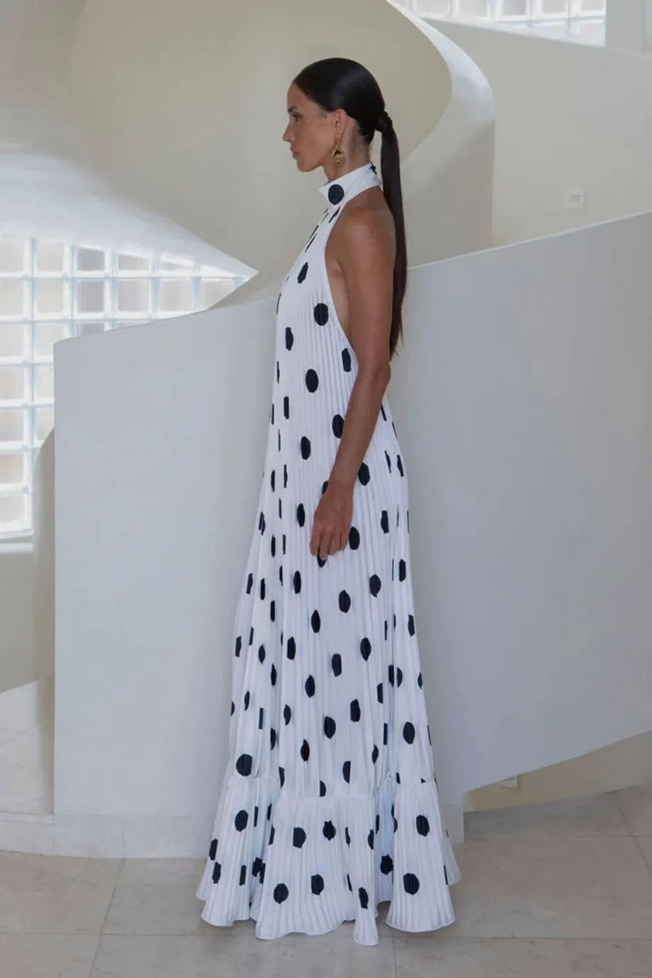 Libertie Polka Dot Sleeveless Pleated Evening Dress in White