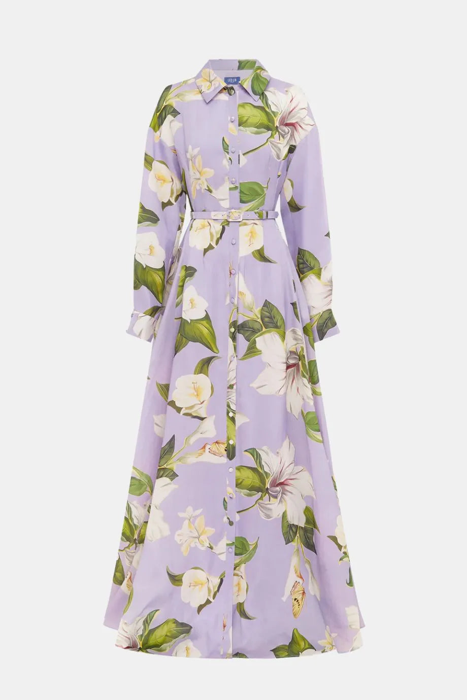 Josephine Floral Lily Blossom Belted Silk Maxi Dress in Purple