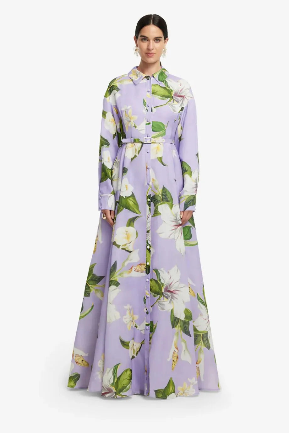 Josephine Floral Lily Blossom Belted Silk Maxi Dress in Purple