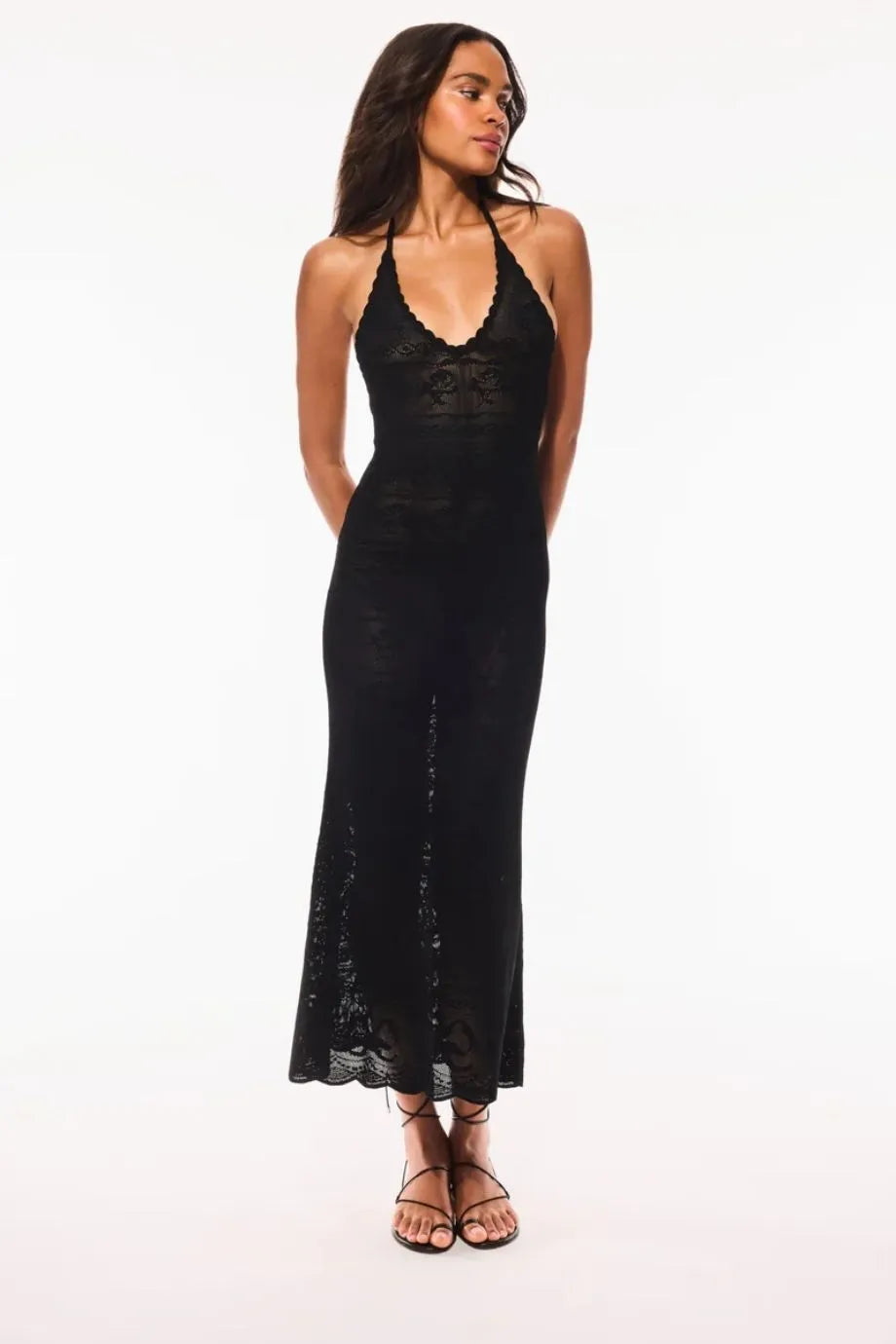 Cillian Bow Flower Pointelle Sleeveless Maxi Dress in Black