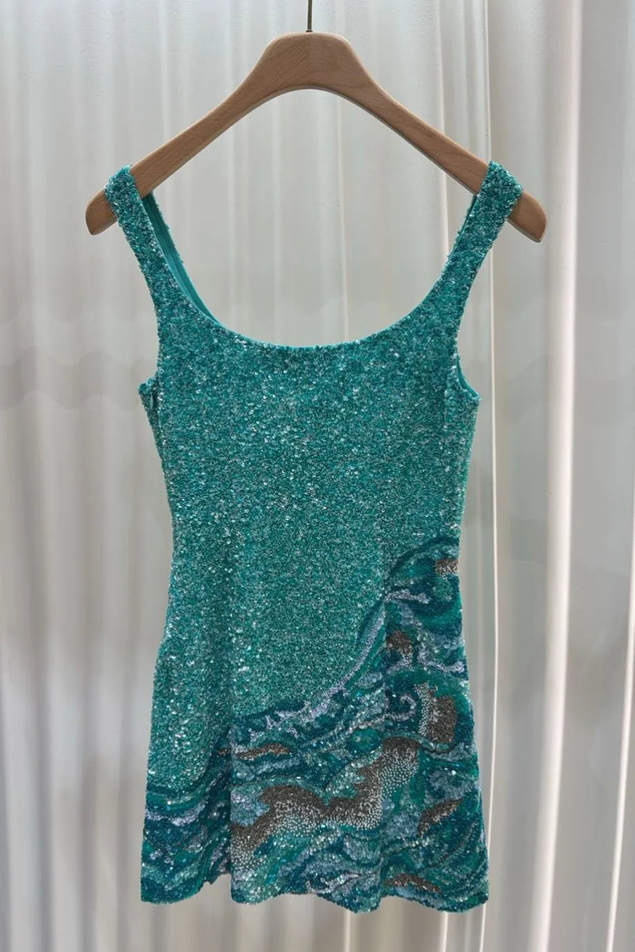 Dubai Ocean Waves Motif Sleeveless Sequins Mini Dress in Blue