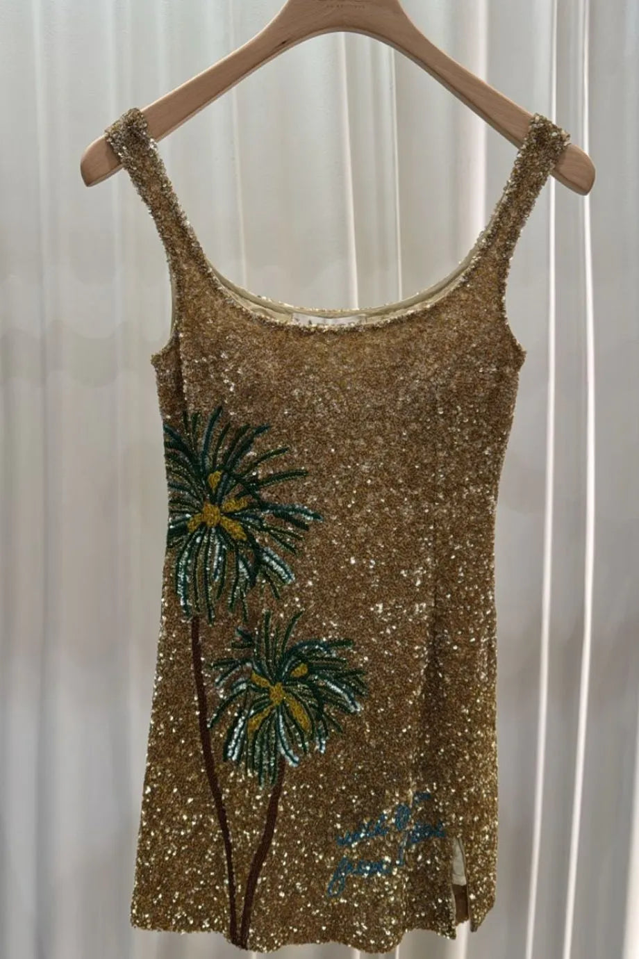 Dubai With Love Ombre Beading Palm Tree Motifs Sleeveless Sequins Mini Dress in Gold