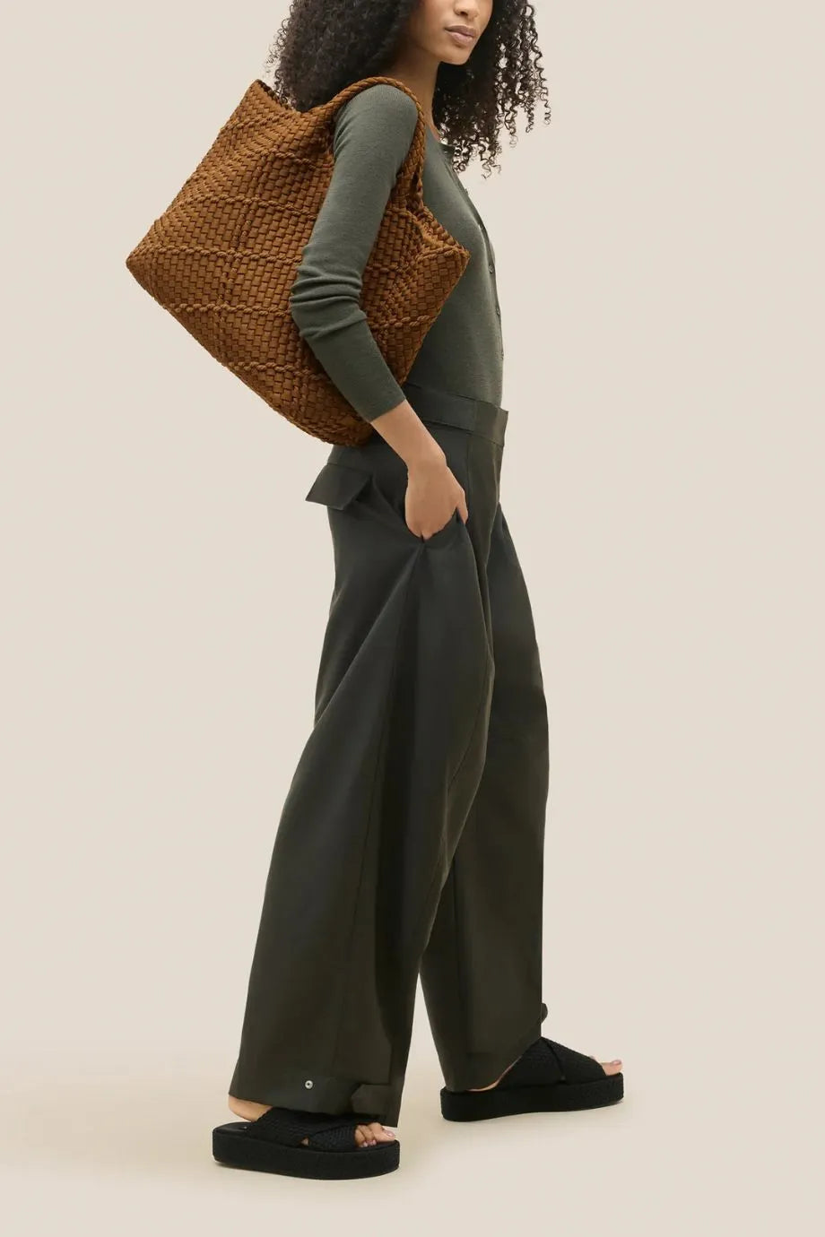 St. Barths Woven Rope Large Tote Bag in Brown With Pouch