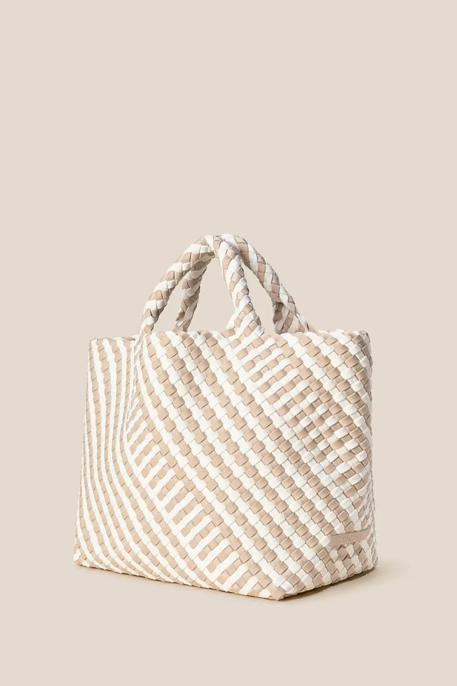 St. Barths Woven Striped Geo Medium Tote Bag in Cream With Pouch