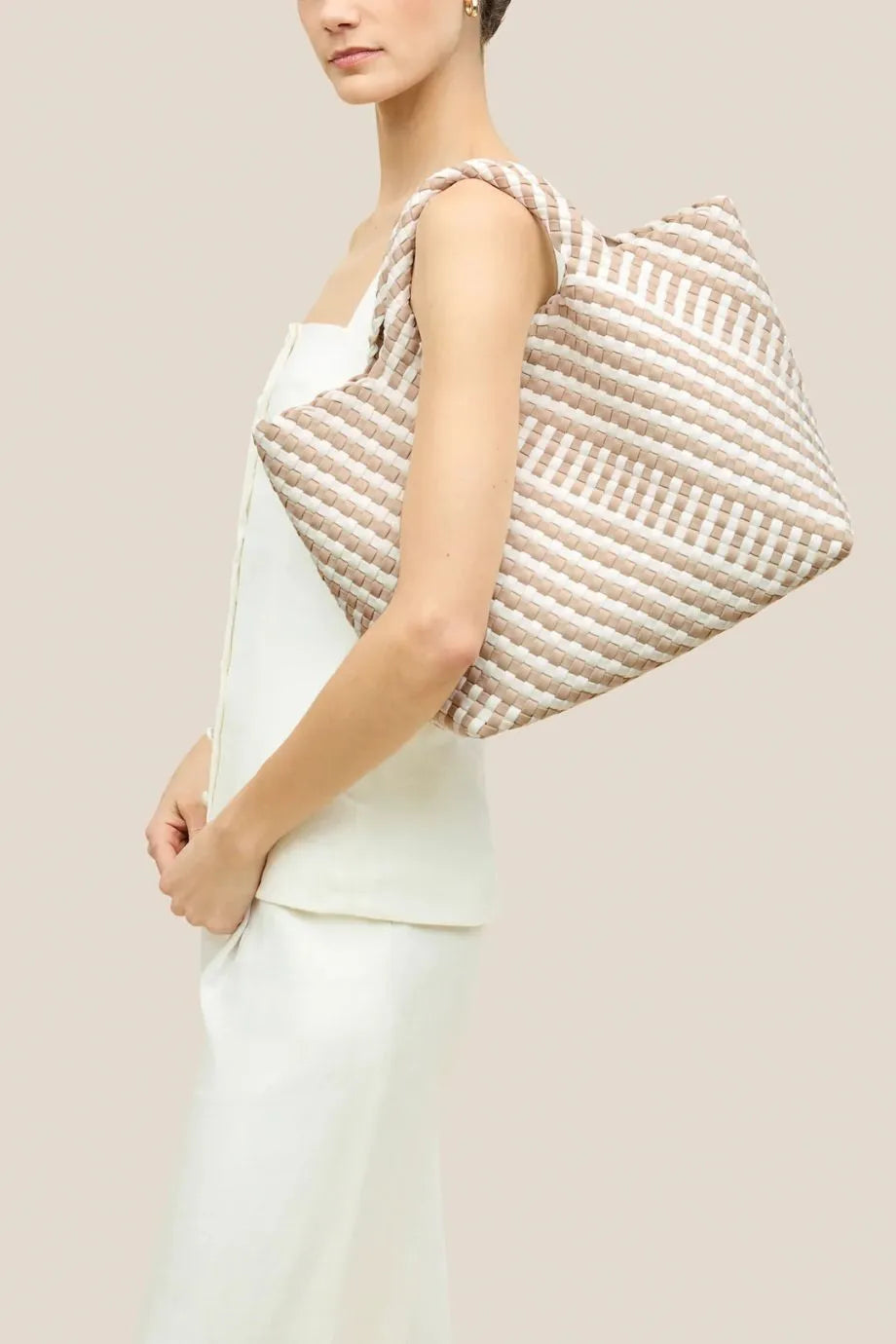 St. Barths Woven Striped Geo Medium Tote Bag in Cream With Pouch