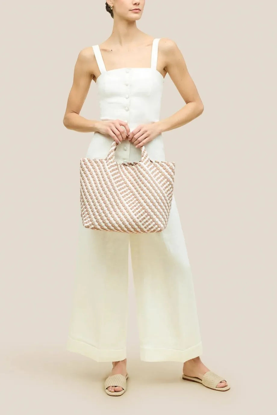 St. Barths Woven Striped Geo Medium Tote Bag in Cream With Pouch