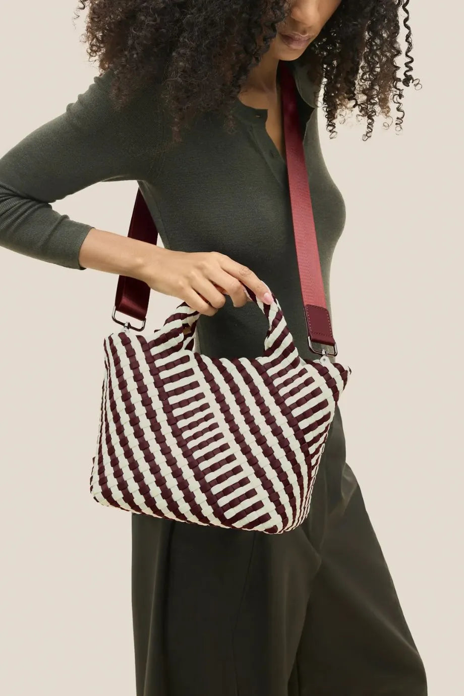 St. Barths Woven Striped Geo Small Tote Bag in Brown With Strap and Pouch
