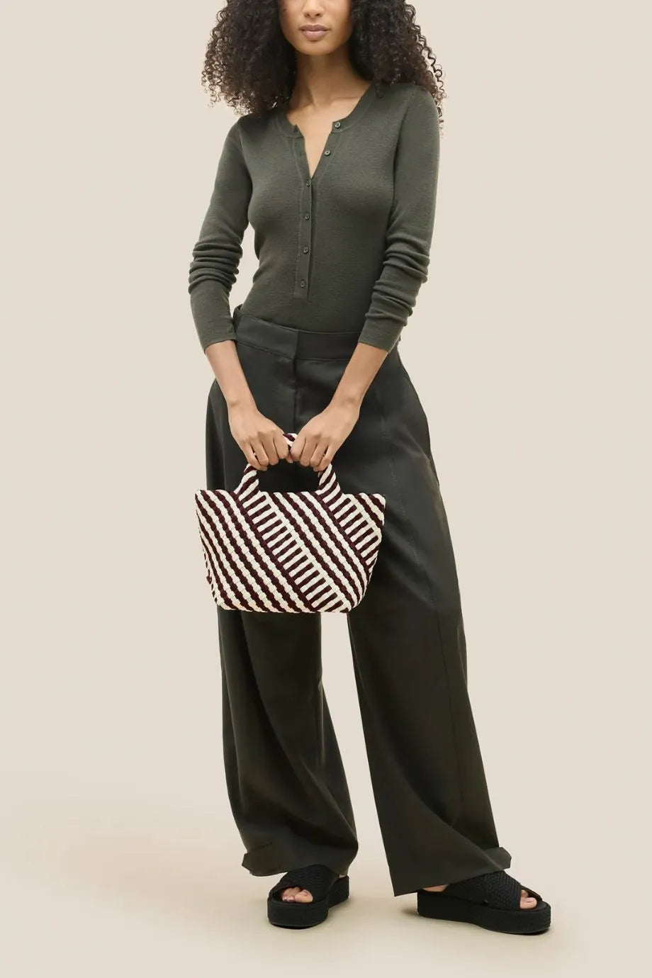 St. Barths Woven Striped Geo Small Tote Bag in Brown With Strap and Pouch