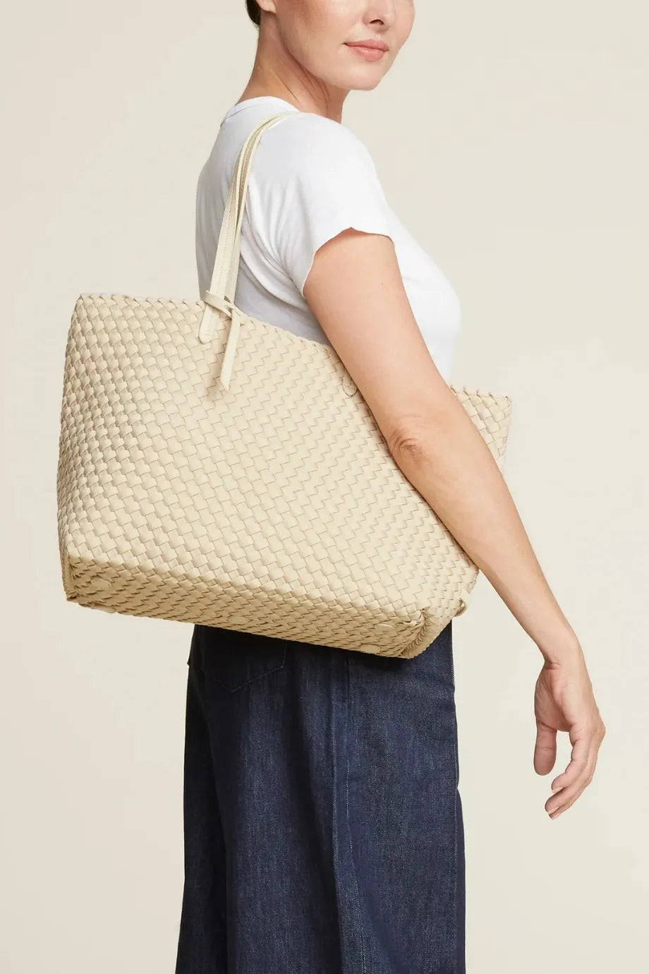 Jetsetter Woven Small Tote Bag in Beige