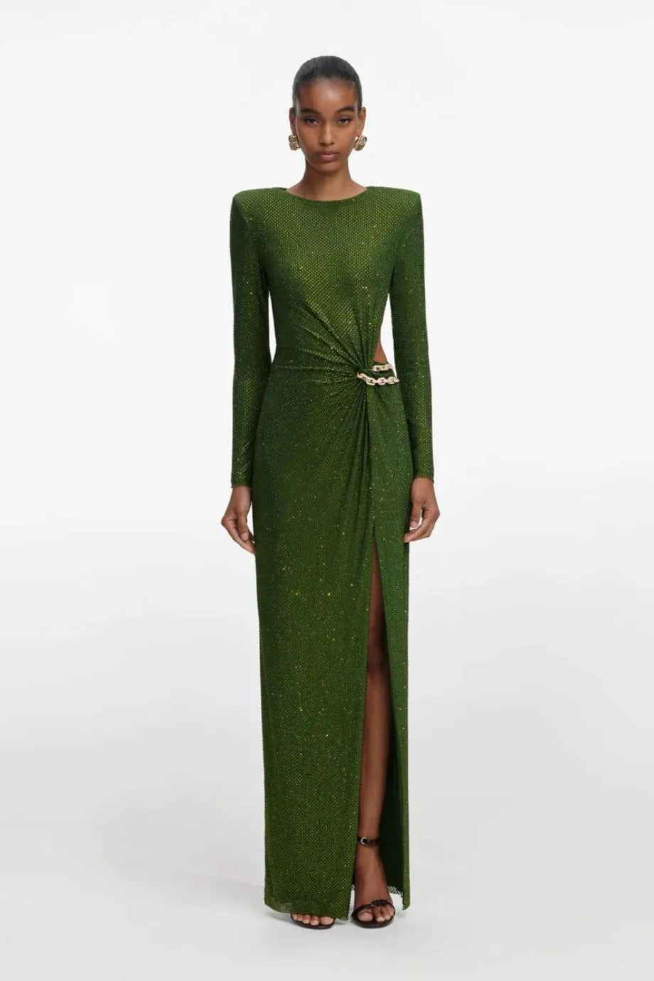 Rhinestone Embellished Waist Cut Out Evening Dress in Green