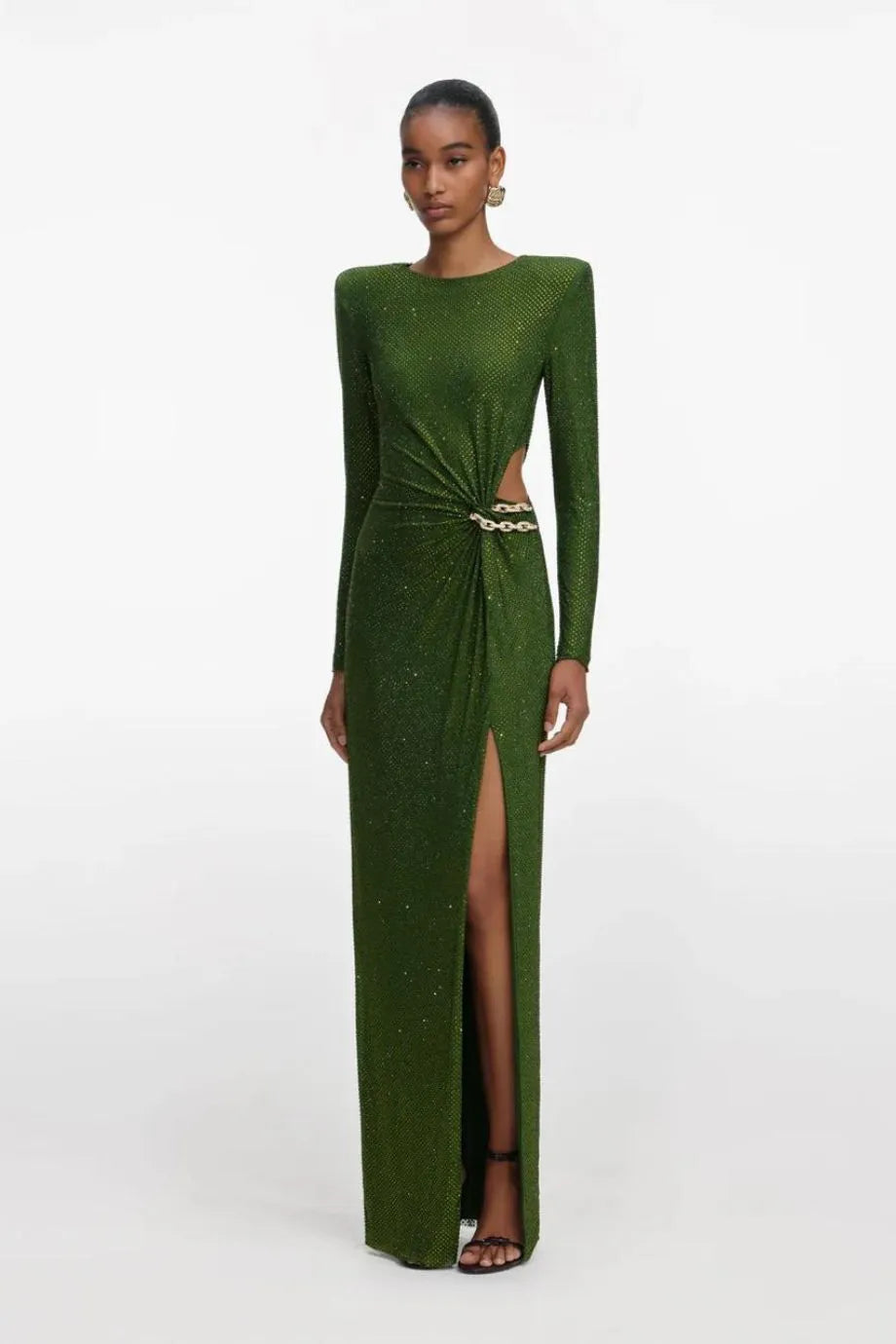 Rhinestone Embellished Waist Cut Out Evening Dress in Green
