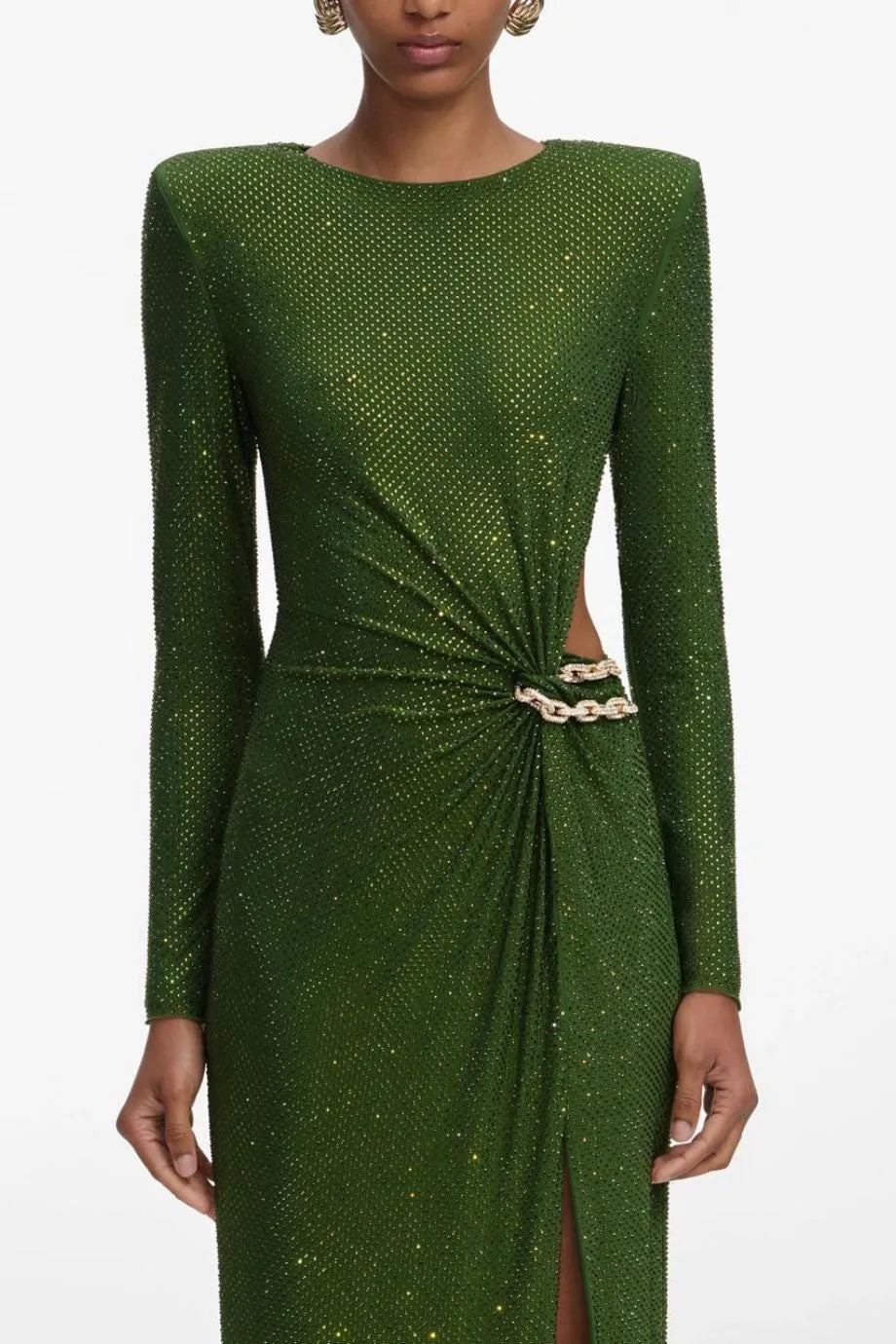 Rhinestone Embellished Waist Cut Out Evening Dress in Green