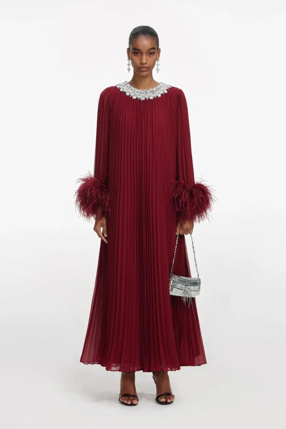 Chiffon Feather Midi Dress in Burgundy