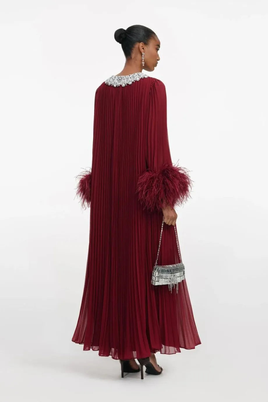 Chiffon Feather Midi Dress in Burgundy