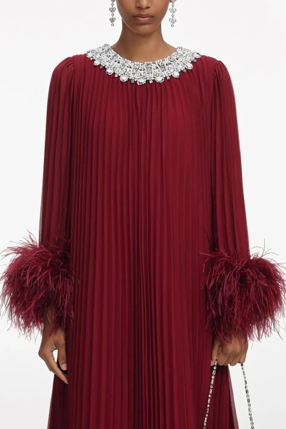 Chiffon Feather Midi Dress in Burgundy