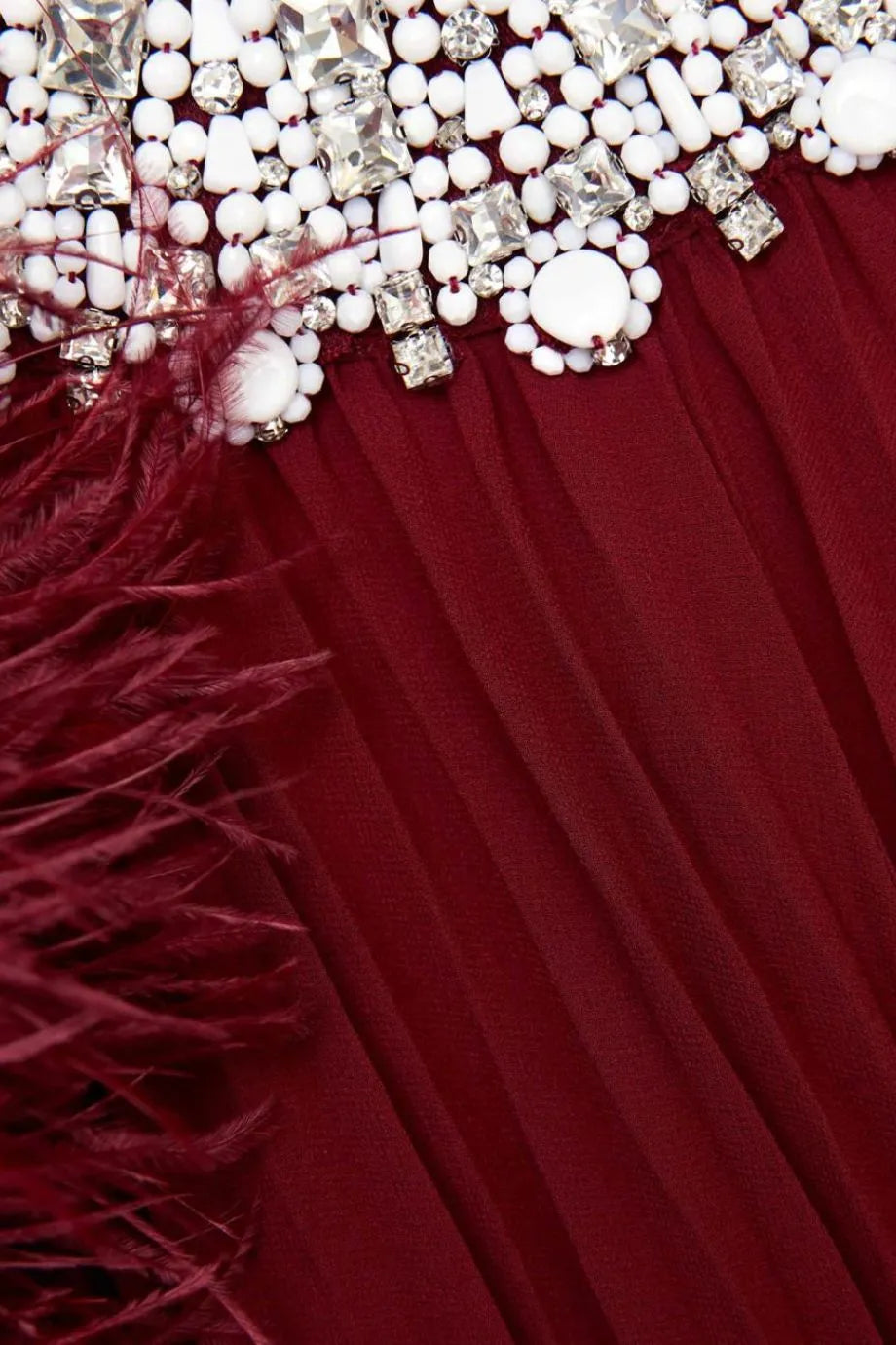 Chiffon Feather Midi Dress in Burgundy