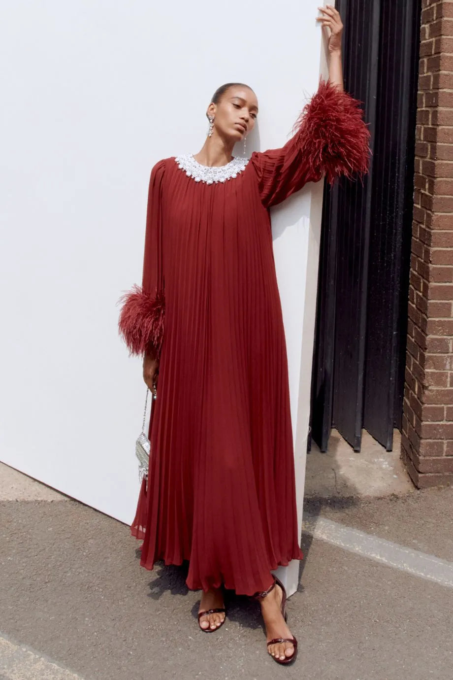 Chiffon Feather Midi Dress in Burgundy