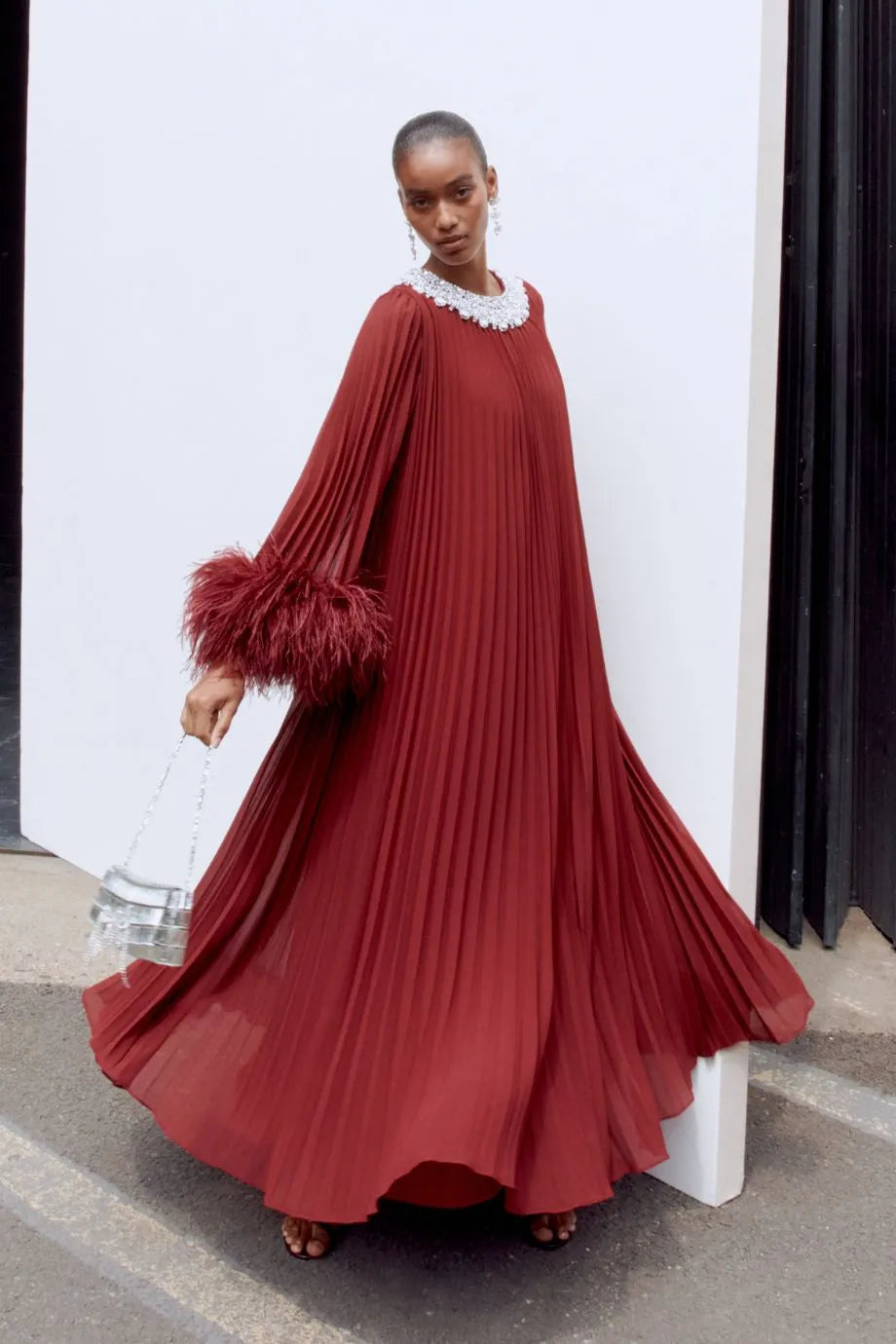 Chiffon Feather Midi Dress in Burgundy