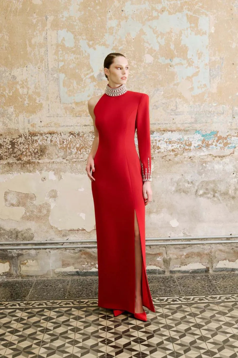 Sofia Embellished One Shoulder Evening Dress in Red
