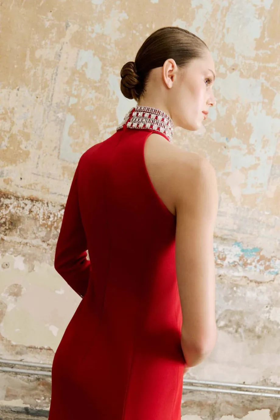 Sofia Embellished One Shoulder Evening Dress in Red
