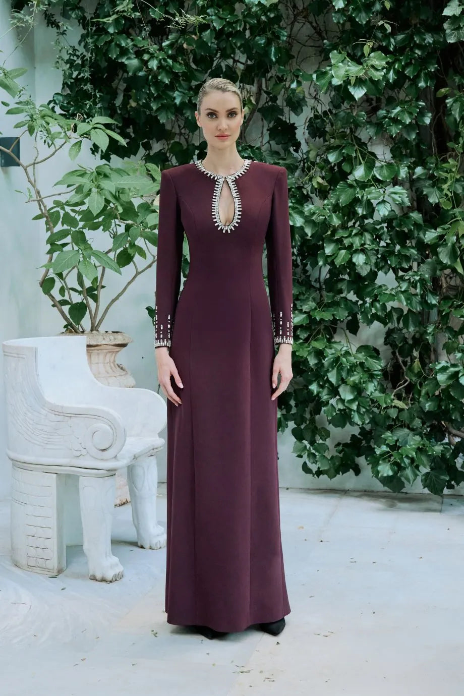 Estelle Embellished Evening Dress in Burgundy