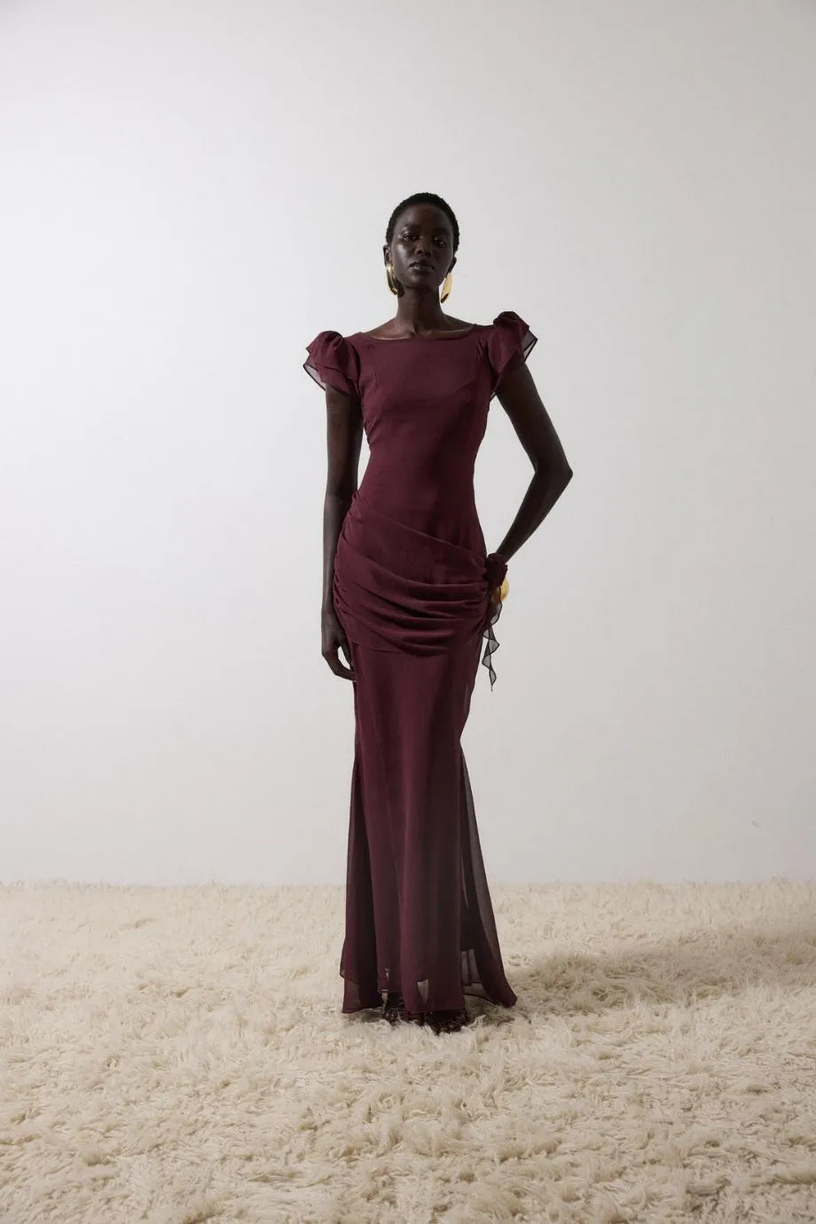 Florentine Rose Applique Body Sash Maxi Dress in Burgundy