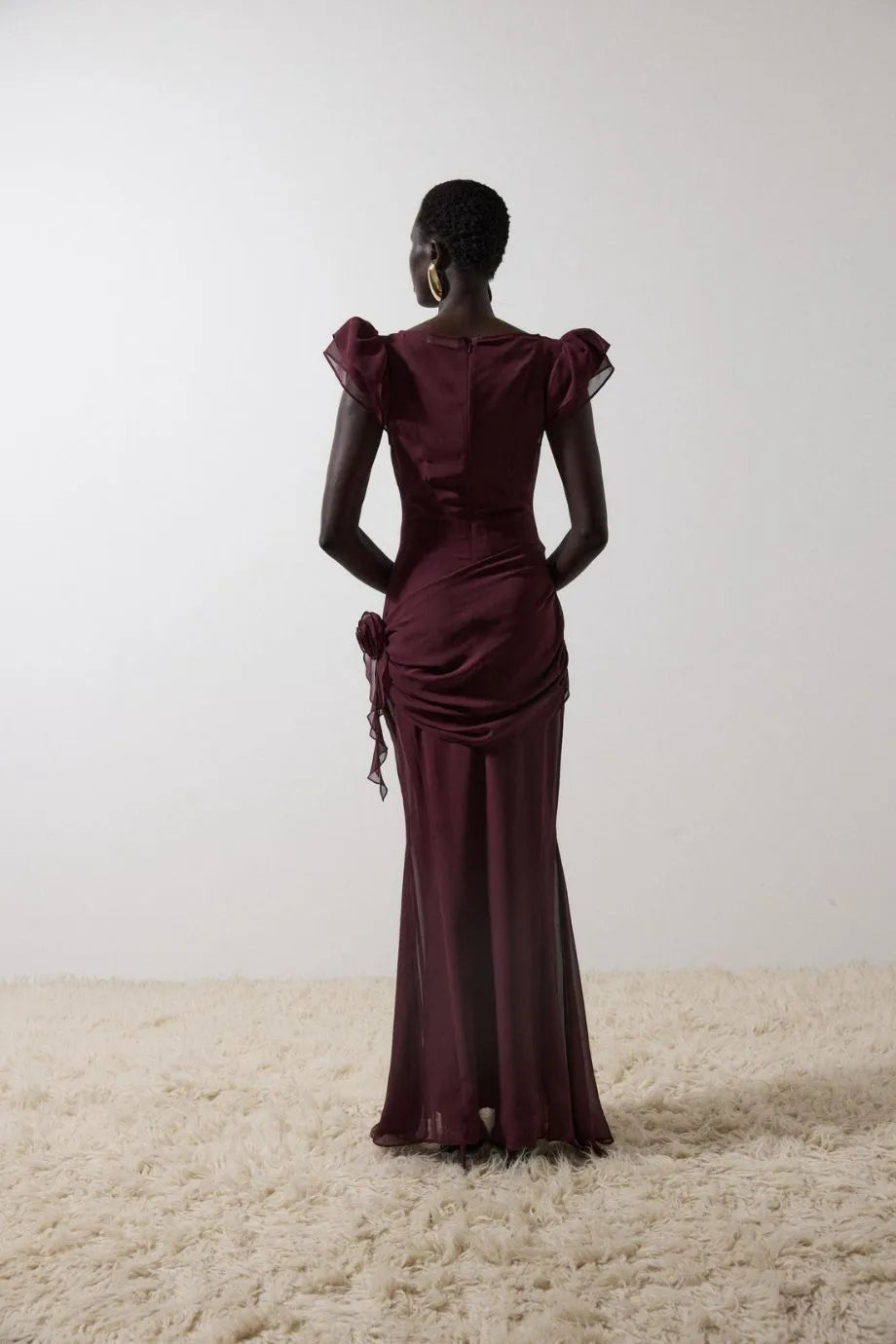 Florentine Rose Applique Body Sash Maxi Dress in Burgundy