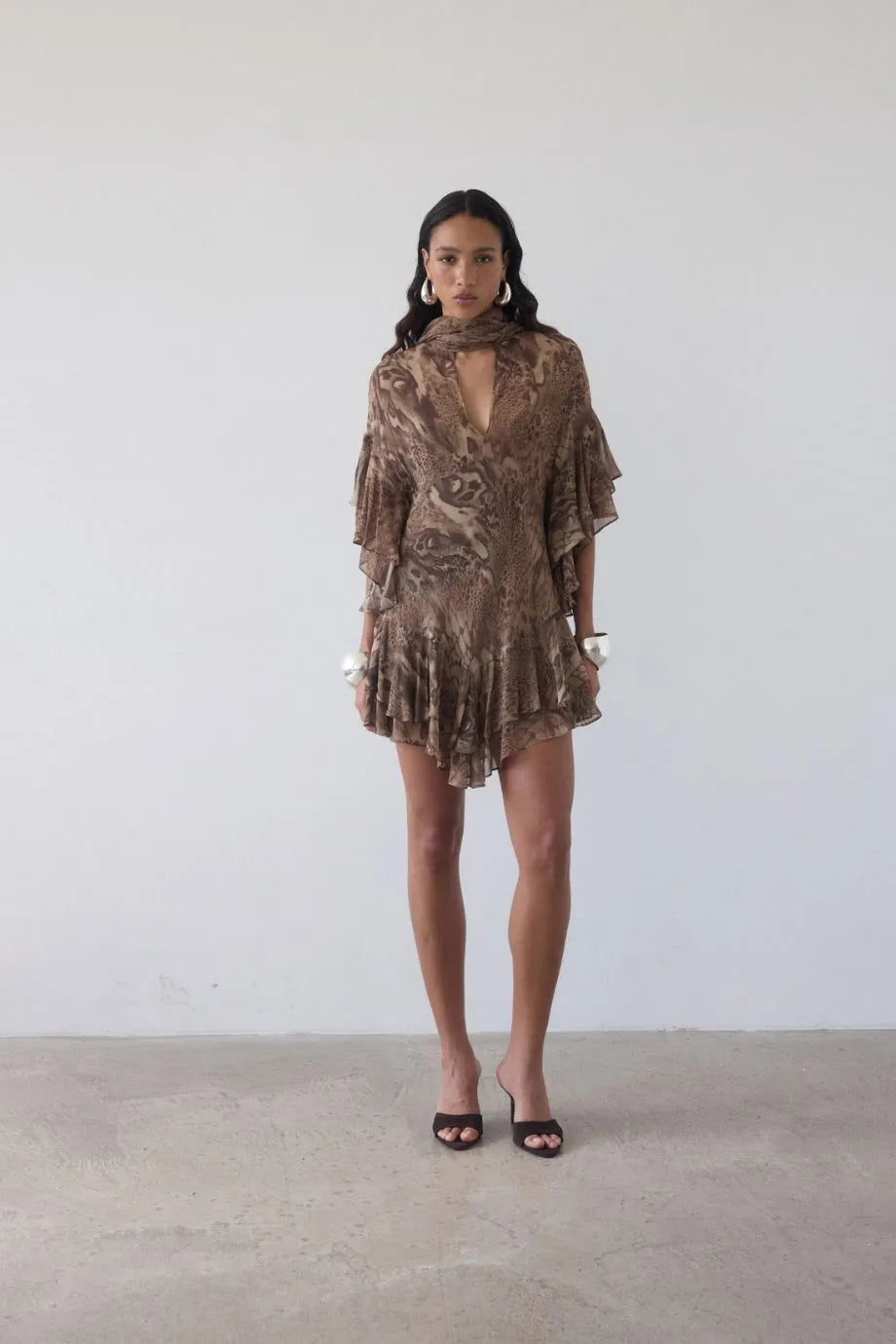 Sol Neck Tie Ruffle Mini Dress in Brown