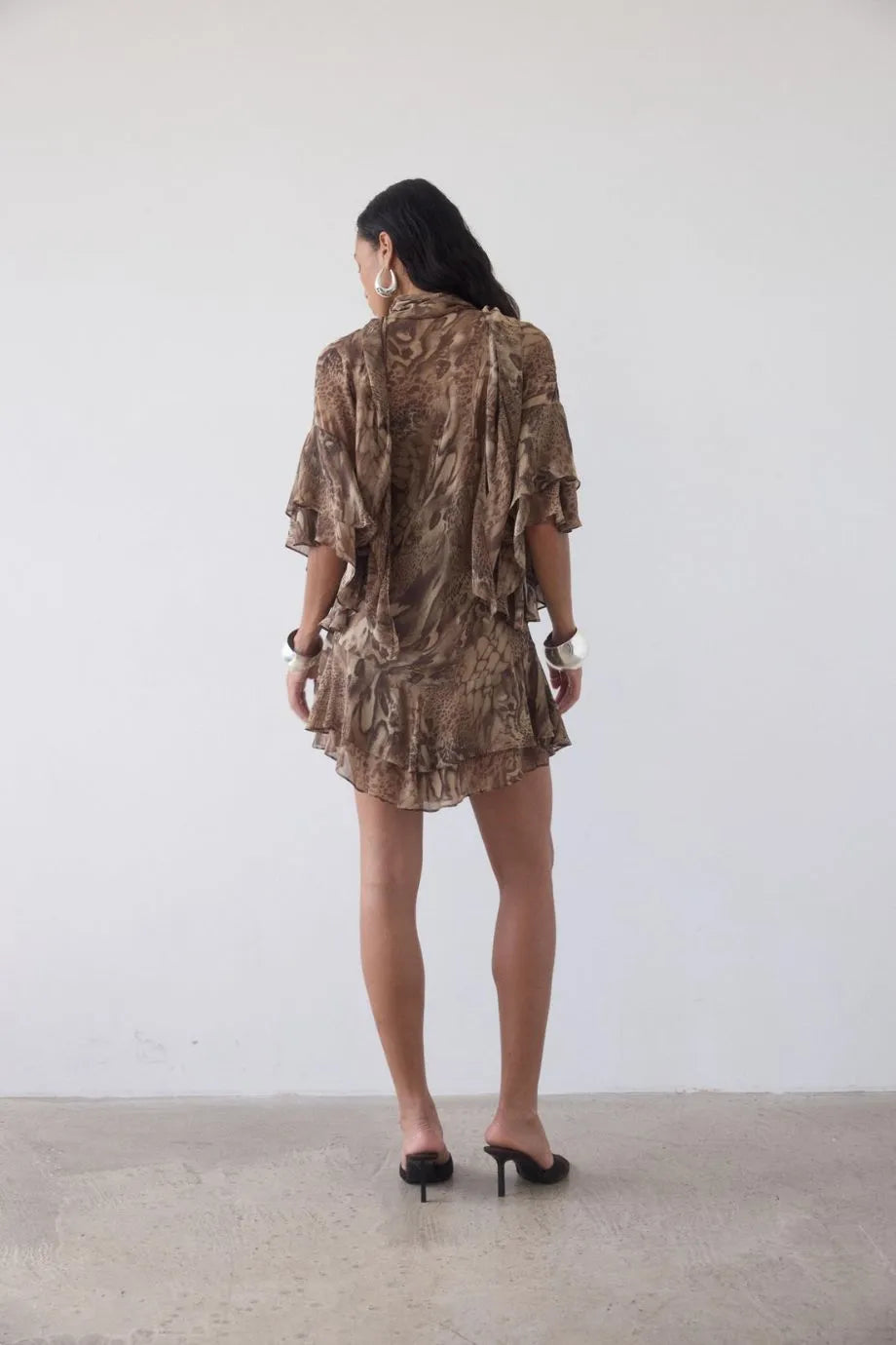Sol Neck Tie Ruffle Mini Dress in Brown