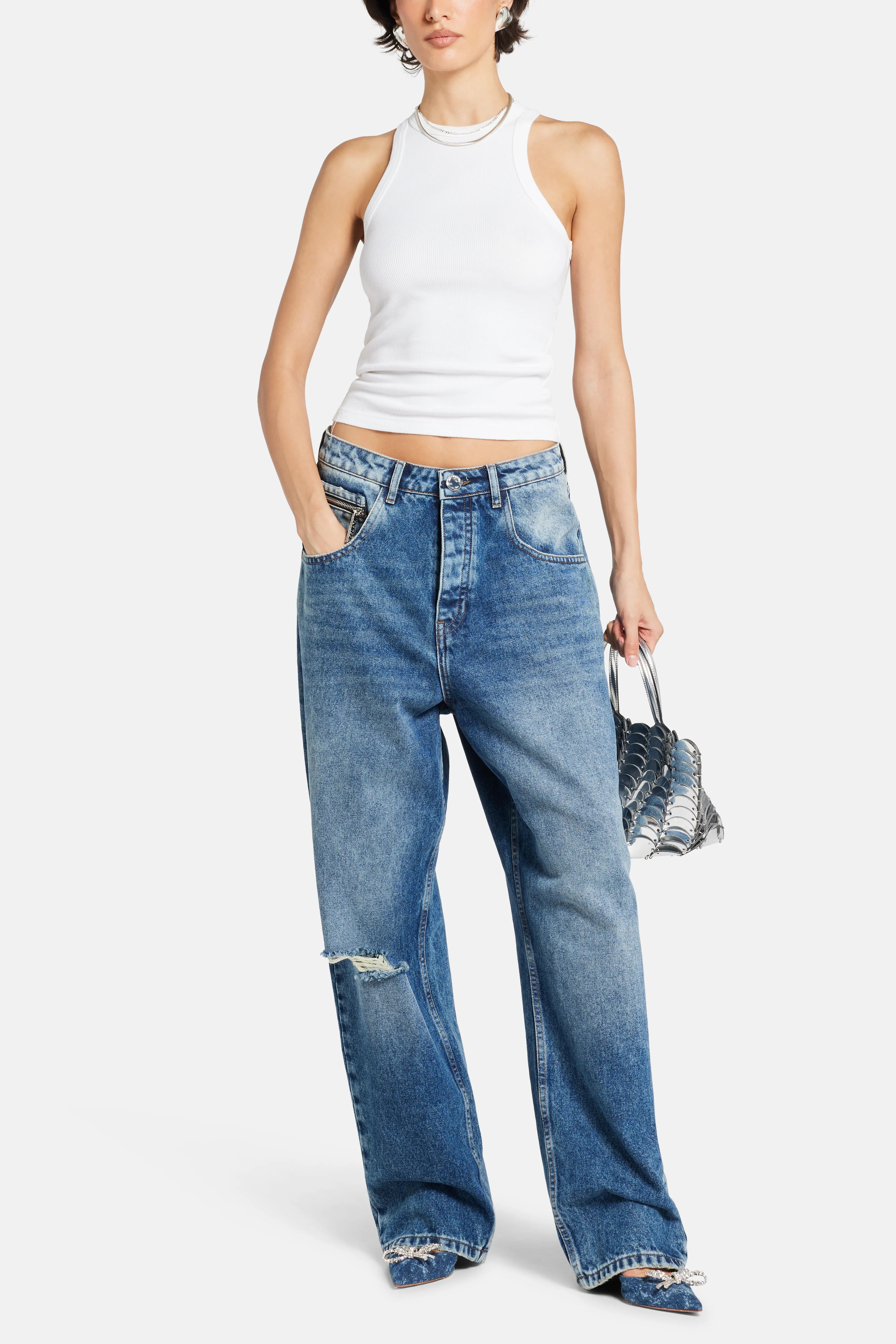 Balloon Denim Cotton Pants in Blue